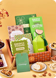 Sweets, Snacks & Brittle with Cookies Gift Hamper including dates & honey cookies, dubai dates, dry fruit nutty brittle, garlic crostini and ladoo