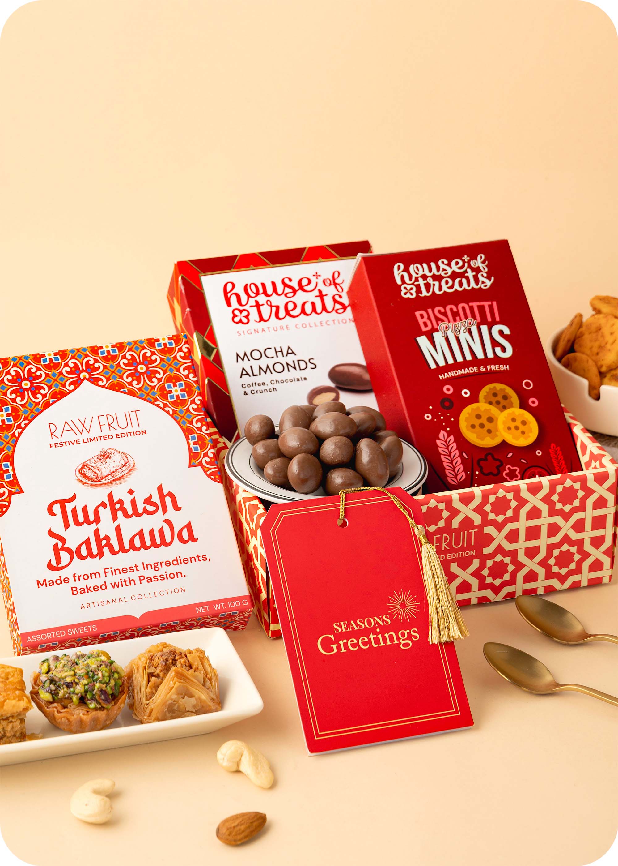 Sweets, Snacks with Dragees Gift Hamper including baklawa, mocha almonds dragees and pizza mini snacks