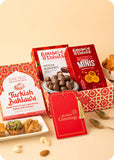 Sweets, Snacks with Dragees Gift Hamper including baklawa, mocha almonds dragees and pizza mini snacks