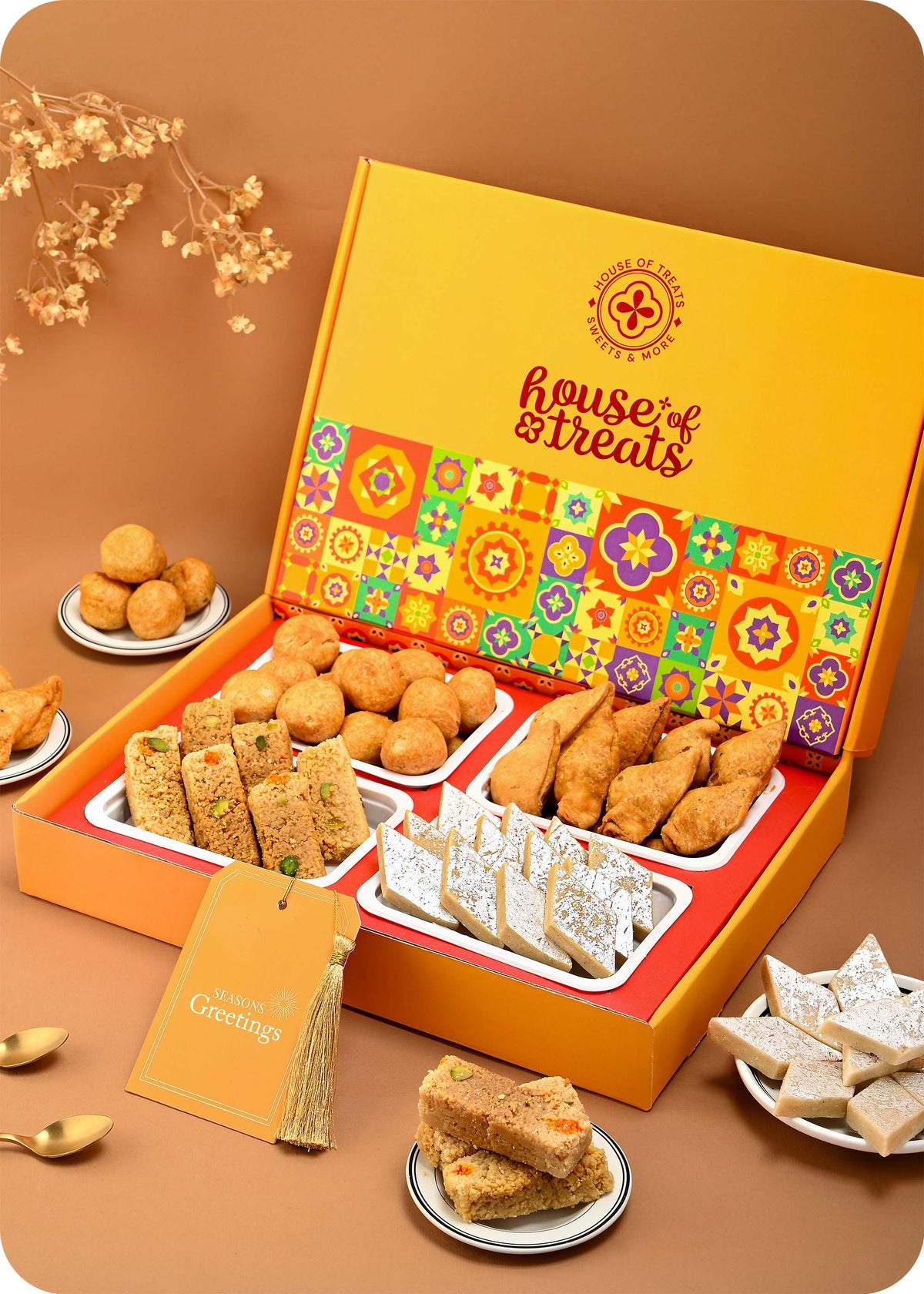 Kaju Katli, Milk Cake, Kachori, Samosa Sweets Treats Collection for Celebration
